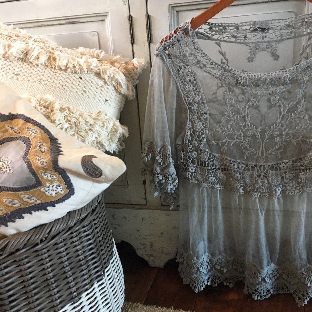 Last One! Lace Crochet Sage Festival Boho Blouse - Picture 2 of 4